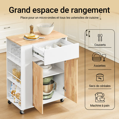 SoBuy FKW132-WN Desserte Cuisine avec Roues, pour Cuisine et Salle à Manger, Rangement Optimisé, Design Fonctionnel – L70×P40×H90 cm, Bois d’Hévéa, Blanc