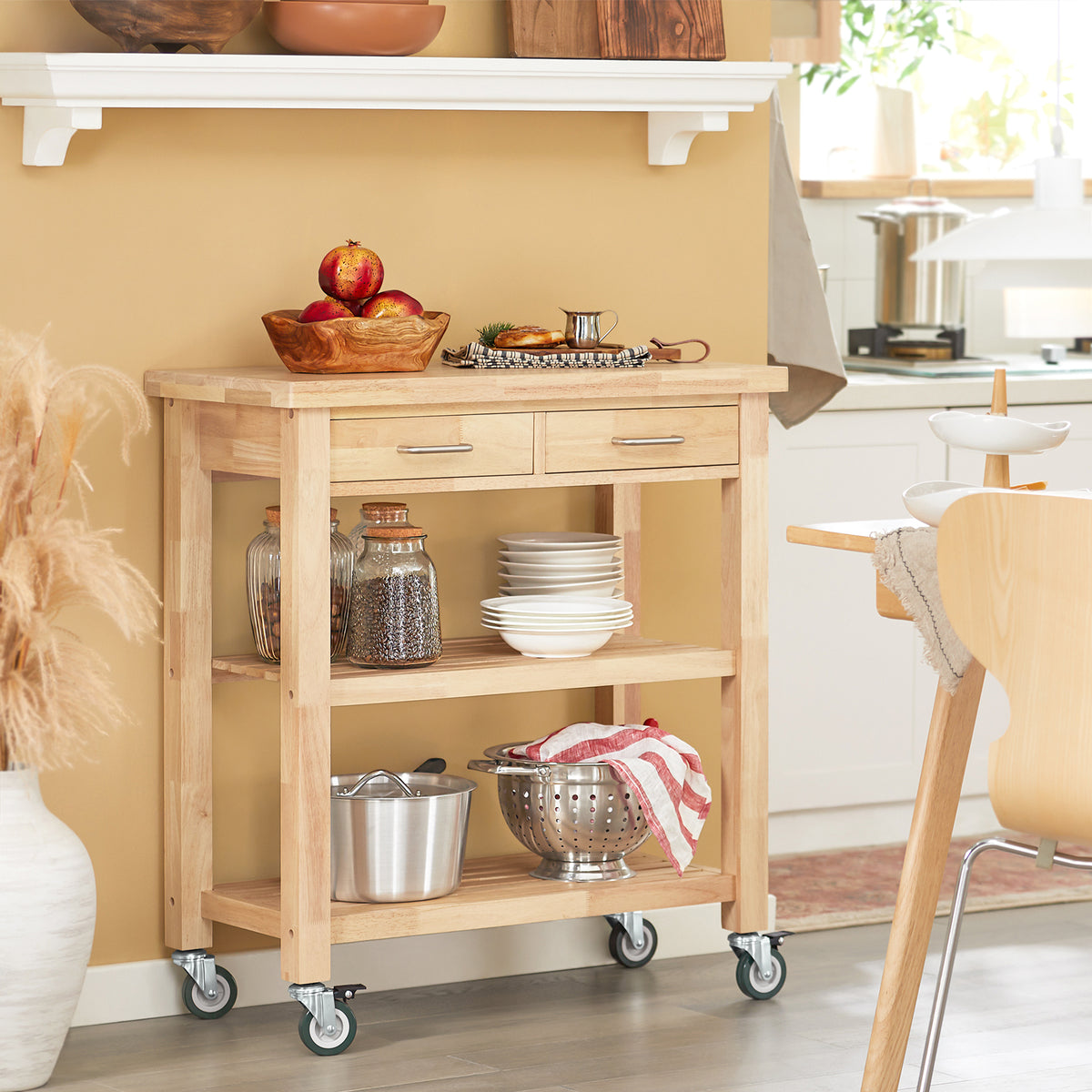 SoBuy FKW24-II-N Desserte de Cuisine sur Roulettes en Bois d'Hévéa – 2 Tiroirs, 2 Étagères, Meuble Cuisine Compact 80×40×90 cm