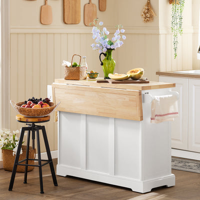 SoBuy FKW41-II-WN Îlot de Cuisine Mobile – Plan Extensible 46–71 cm, 3 Tiroirs, Armoire, Blanc et Bois Naturel