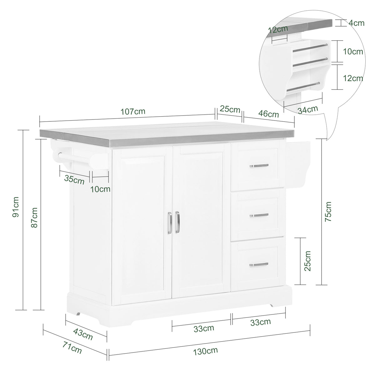 SoBuy FKW41-ST Desserte Cuisine avec Roulettes, Plan de Travail Extensible, 2 Tiroirs et Étagères Réglables, Mobile, Rangement Optimisé – L130×P46(+25)×H91 cm