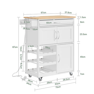 SoBuy FKW45-E-WN Desserte de Cuisine avec Prise Intégrée – 2 Prises + 2 USB, Casier à Bouteilles, Roulettes ou Pieds, 63 kg, Blanc et Bois