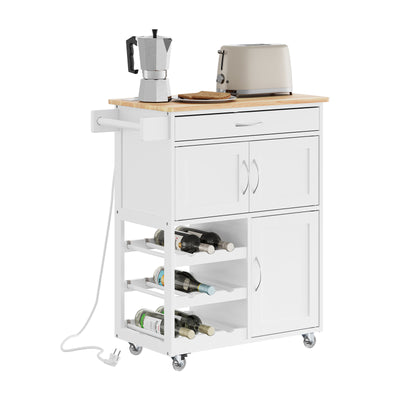 SoBuy FKW45-E-WN Desserte de Cuisine avec Prise Intégrée – 2 Prises + 2 USB, Casier à Bouteilles, Roulettes ou Pieds, 63 kg, 