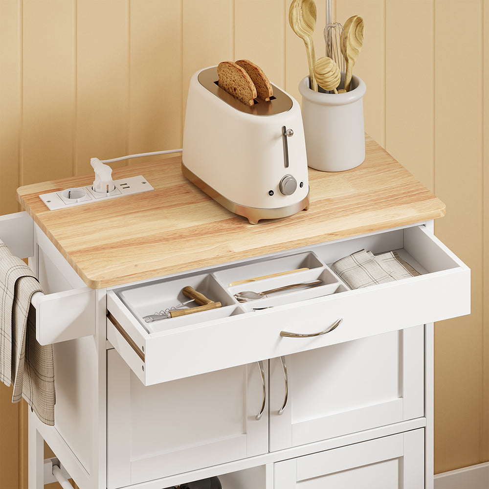 SoBuy FKW45-E-WN Desserte de Cuisine avec Prise Intégrée – 2 Prises + 2 USB, Casier à Bouteilles, Roulettes ou Pieds, 63 kg, Blanc et Bois