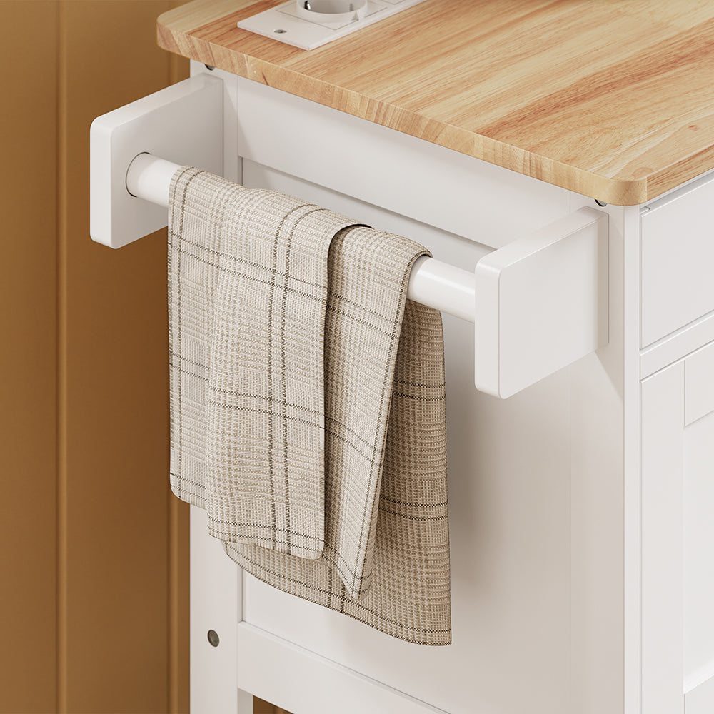 SoBuy FKW45-E-WN Desserte de Cuisine avec Prise Intégrée – 2 Prises + 2 USB, Casier à Bouteilles, Roulettes ou Pieds, 63 kg, Blanc et Bois