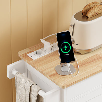 SoBuy FKW45-E-WN Desserte de Cuisine avec Prise Intégrée – 2 Prises + 2 USB, Casier à Bouteilles, Roulettes ou Pieds, 63 kg, Blanc et Bois