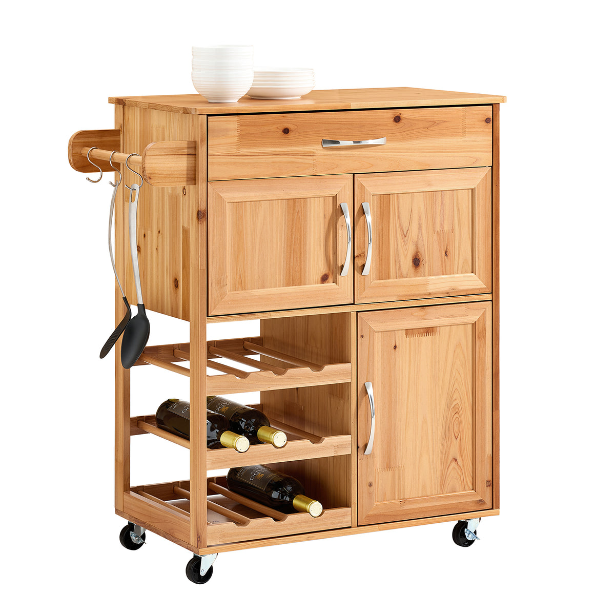 SoBuy FKW45-N Desserte Cuisine en Bois Massif à Roulettes – Range-Bouteilles, Tiroir, 2 Placards, Porte-Serviettes Réversible