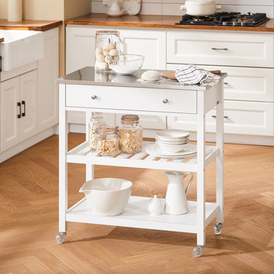 SoBuy FKW47-II-W Desserte de Cuisine à Roulettes – Plateau INOX, 1 Tiroir, 2 Étagères, Blanc