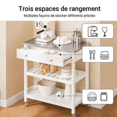 SoBuy FKW47-II-W Desserte de Cuisine à Roulettes – Plateau INOX, 1 Tiroir, 2 Étagères, Blanc