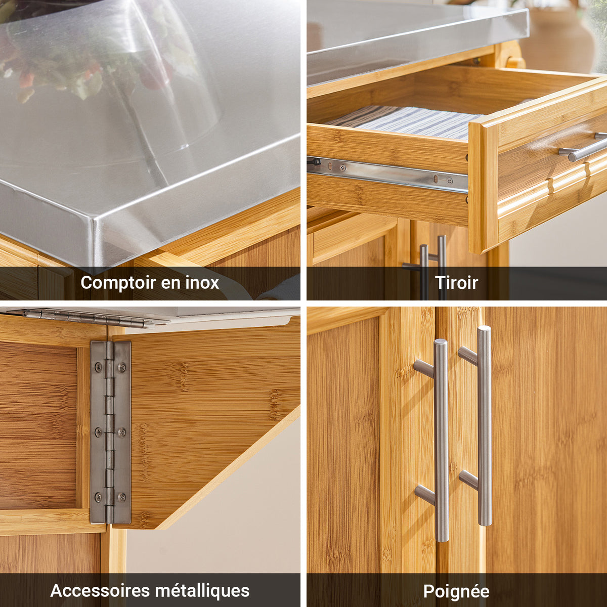 SoBuy FKW69-N Desserte de Cuisine à Roulettes, Plan de Travail INOX Extensible 46→71cm, 2 Tiroirs, Étagères Réglables, Charge 100 kg – 115x46x92 cm