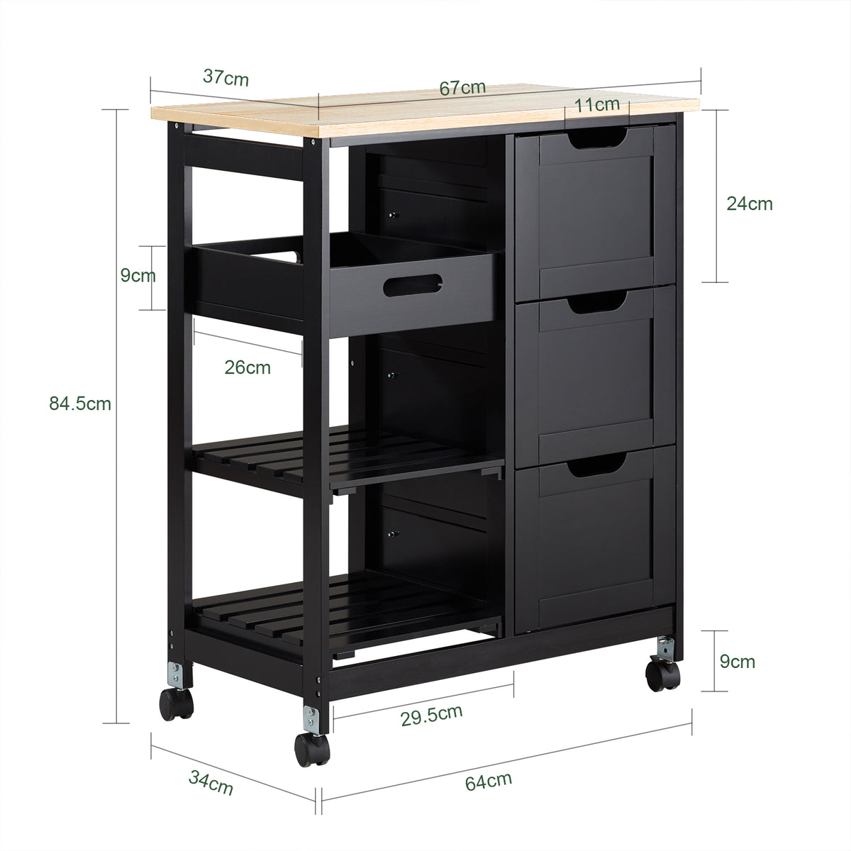 SoBuy FKW79-SCH Desserte de Cuisine sur Roulettes – 3 Tiroirs, Tablette Amovible, 2 Étagères, 68 × 38 × 85 cm, Noir