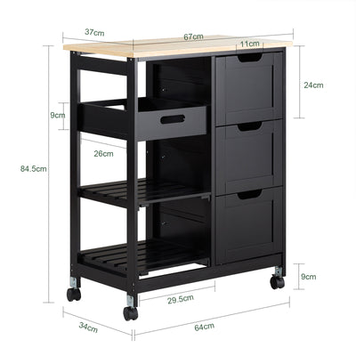 SoBuy FKW79-SCH Desserte de Cuisine sur Roulettes – 3 Tiroirs, Tablette Amovible, 2 Étagères, 68 × 38 × 85 cm, Noir