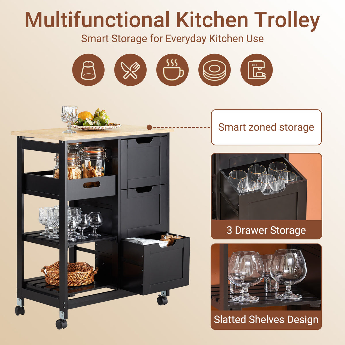SoBuy FKW79-SCH Desserte de Cuisine sur Roulettes – 3 Tiroirs, Tablette Amovible, 2 Étagères, 68 × 38 × 85 cm, Noir
