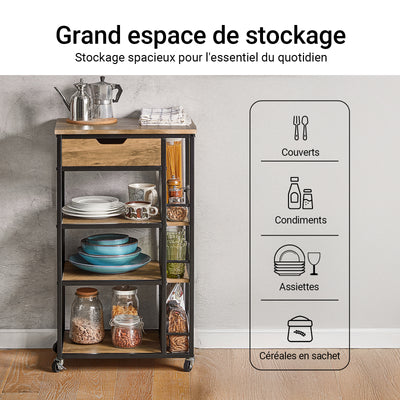 SoBuy FKW99-N Desserte de Cuisine Roulante Chariot de Service Meuble de Rangement à roulettes Multifonctionnel avec 1Tiroir, 3 Etagères et Etagères latérales, 50x37x87 cm