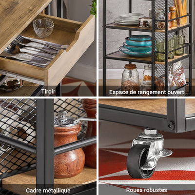 SoBuy FKW99-N Desserte de Cuisine Roulante Chariot de Service Meuble de Rangement à roulettes Multifonctionnel avec 1Tiroir, 3 Etagères et Etagères latérales, 50x37x87 cm