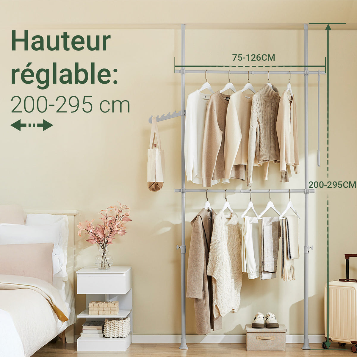 sebuyfr.comG109-II-HG Tringle à Vêtements Télescopique, Portant à Vêtements Robuste, Penderie Ouverte Réglable avec Barres de Suspension pour Chambre, Dressing, Gris