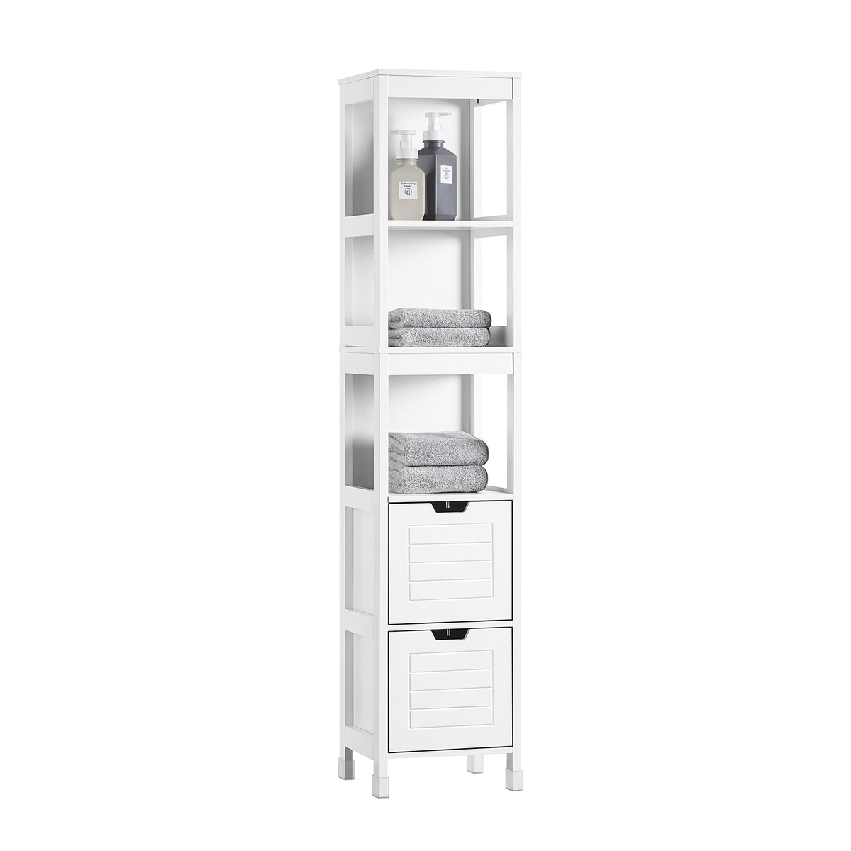 sebuyfr.comG126-W Colonne de Salle de Bain – 4 Étagères, 2 Tiroirs, Anti-Basculement, 30×30×144 cm, Blanc