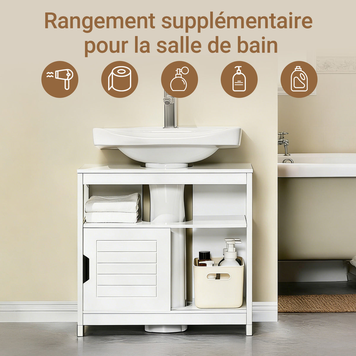 sebuyfr.comG128-II-W Meuble sous Vasque – Découpe U Ajustable, 2 Portes Coulissantes, 60×30×60 cm, Blanc