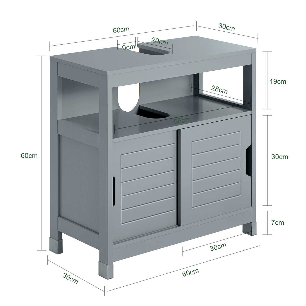sebuyfr.comG128-SG Meuble sous Lavabo avec Portes Coulissantes, Format Compact, Résistant à l’Humidité, pour Salle de Bain et WC – L60×P30×H60 cm, Bois, Gris