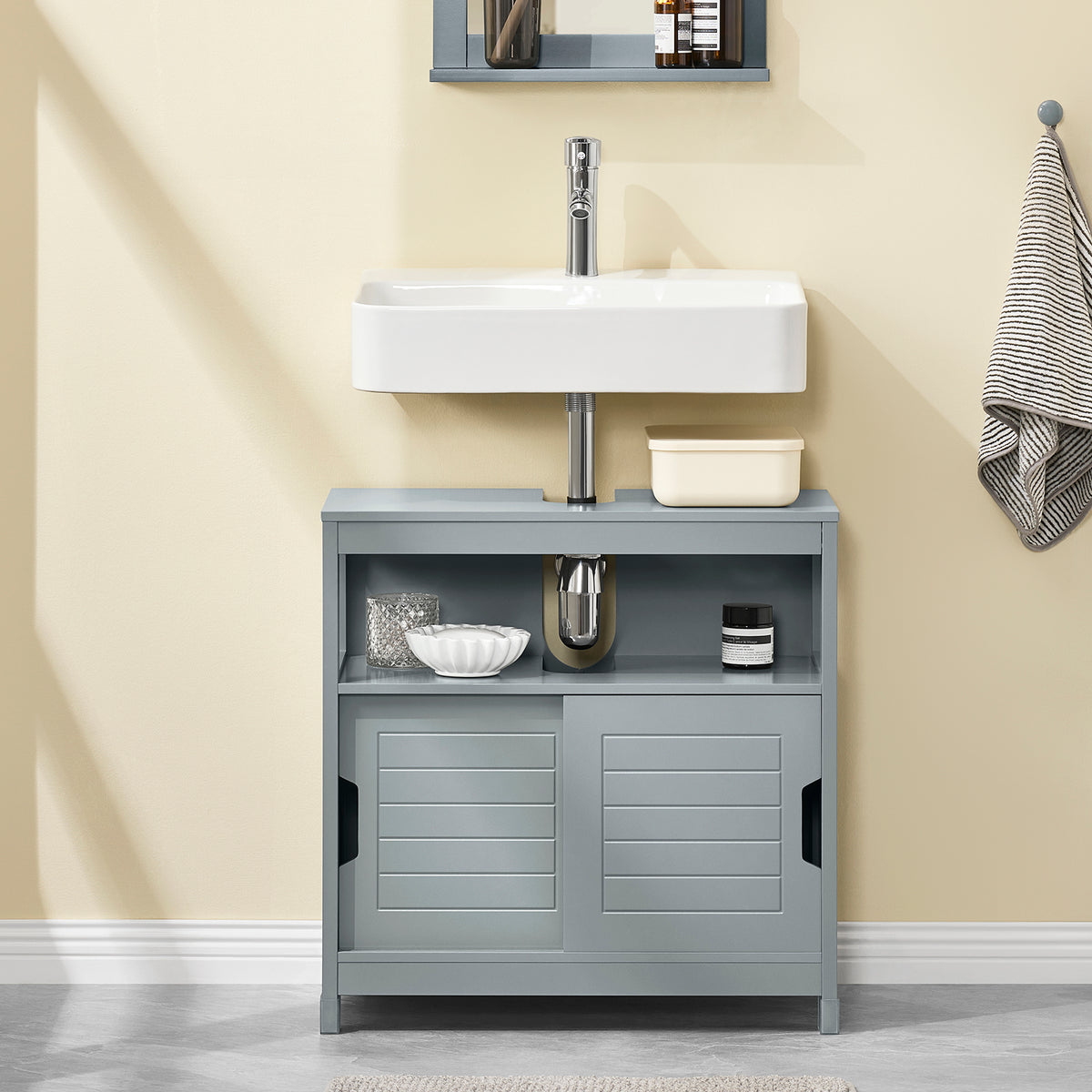sebuyfr.comG128-SG Meuble sous Lavabo avec Portes Coulissantes, Format Compact, Résistant à l’Humidité, pour Salle de Bain et WC – L60×P30×H60 cm, Bois, Gris