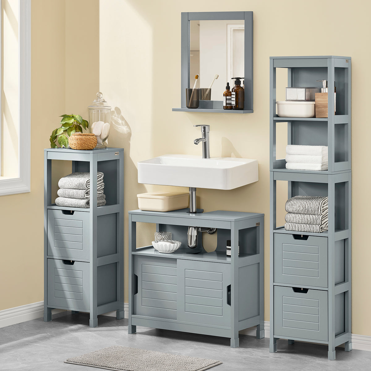sebuyfr.comG128-SG Meuble sous Lavabo avec Portes Coulissantes, Format Compact, Résistant à l’Humidité, pour Salle de Bain et WC – L60×P30×H60 cm, Bois, Gris