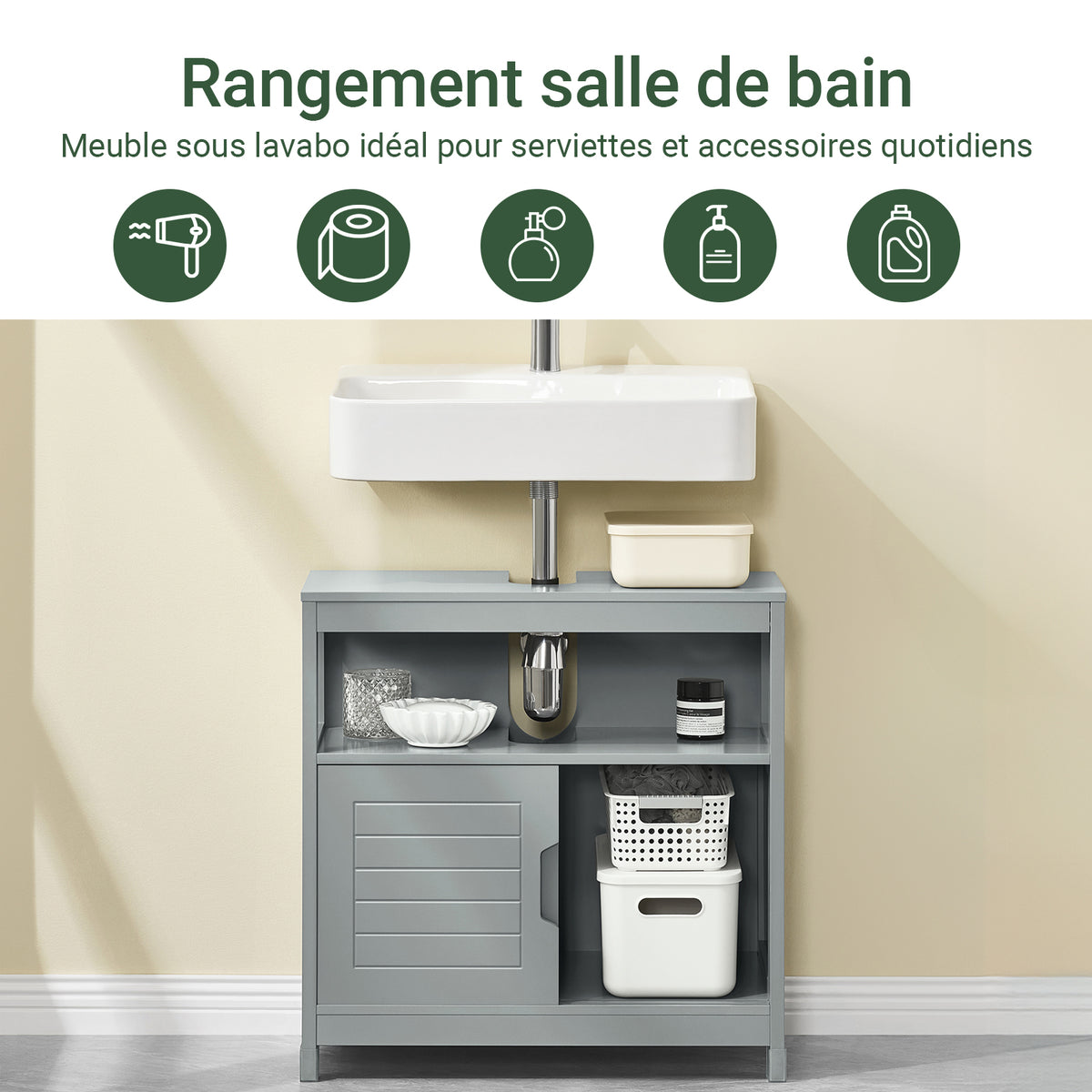 sebuyfr.comG128-SG Meuble sous Lavabo avec Portes Coulissantes, Format Compact, Résistant à l’Humidité, pour Salle de Bain et WC – L60×P30×H60 cm, Bois, Gris