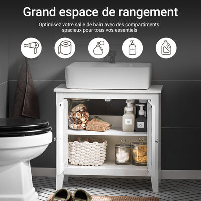 sebuyfr.comG202-W Meuble sous lavabo Salle de Bain Meuble de Salle de Bain avec 2 Portes, Grand Espace de Rangement & découpe Siphon sous Vasque MDF, Blanc 60x62x30cm