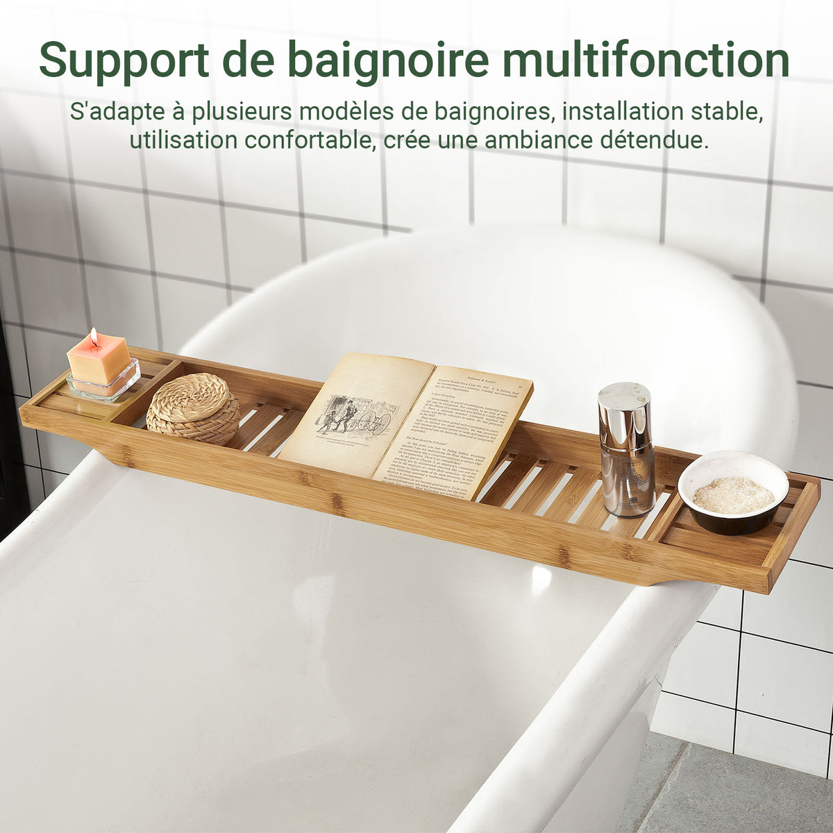sebuyfr.comG212-N Plateau de Baignoire Extra Long et Verni avec Support Verre à Vin et Bougie, Design Fonctionnel, Usage Quotidien, Pratique – Bambou, Naturel