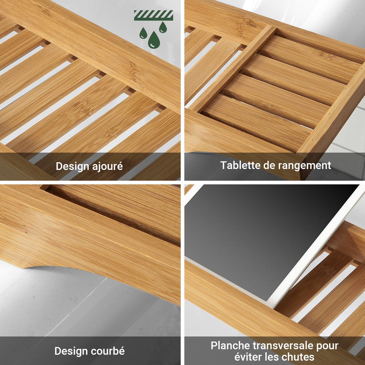 sebuyfr.comG212-N Plateau de Baignoire Extra Long et Verni avec Support Verre à Vin et Bougie, Design Fonctionnel, Usage Quotidien, Pratique – Bambou, Naturel