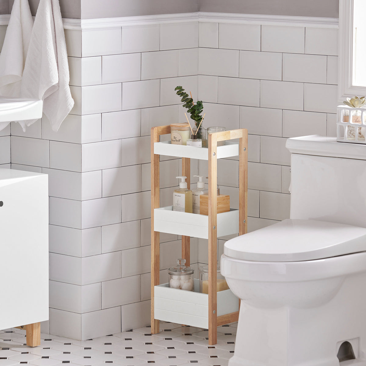 sebuyfr.comG226-WN Tour de rangement salle de bain 20 cm avec 3 paniers – Blanc et bois