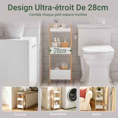 sebuyfr.comG226-WN Tour de rangement salle de bain 20 cm avec 3 paniers – Blanc et bois