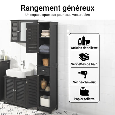 sebuyfr.comG236-DG Colonne Salle de Bain avec 2 Portes, 1 Tiroir et Niche Ouverte, pour Salle de Bain et WC, Rangement Optimisé – L32×P30×H170 cm, Gris Foncé