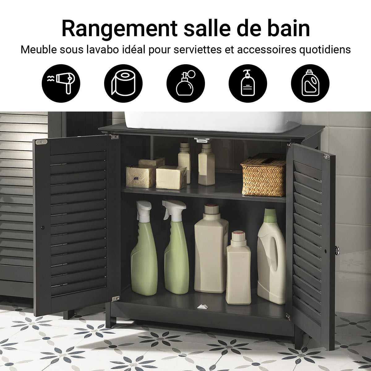 sebuyfr.comG237-DG Meuble sous Lavabo avec Étagères Ajustables, Résistant à l’Humidité, pour Salle de Bain et WC, Rangement Optimisé – L60×P35×H58 cm, MDF, Gris