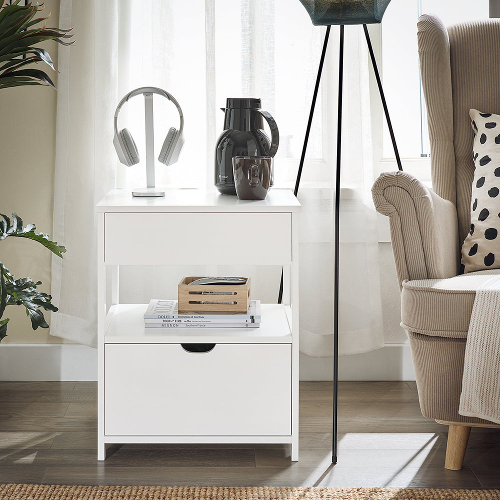 sebuyfr.comG258-II-W Table de Chevet avec 2 tiroirs et étagère, Table de Nuit pour Chambre à Coucher - Meuble de Rangement Moderne L45 x P38 x H55 cm Blanc
