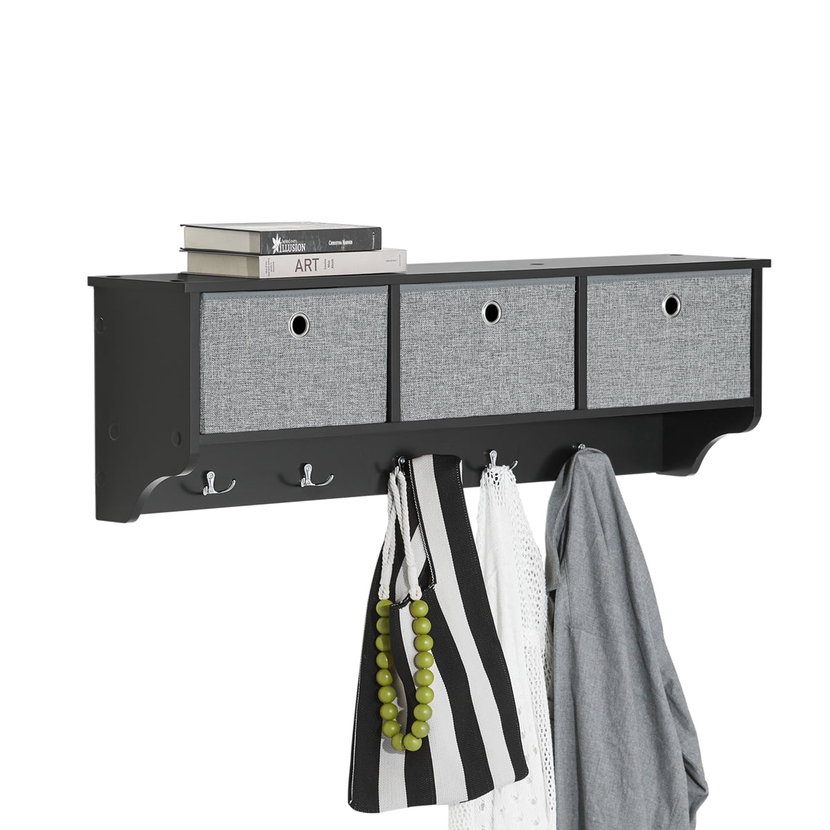 sebuyfr.comG282-SCH Porte Manteau Mural avec 5 Crochets et 3 Paniers - Porte Manteau Mural Bois, Meuble Entrée avec Étagère - Pe