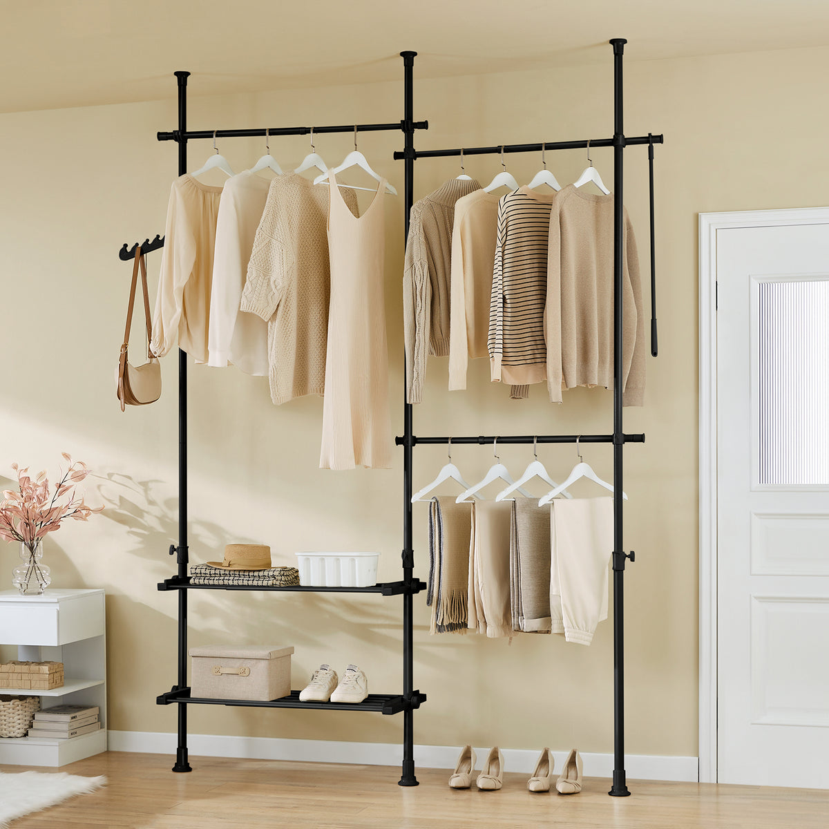 sebuyfr.comG34-II-SCH Dressing télescopique sans perçage 124–226 cm avec tringles et étagères – Penderie ouverte noire
