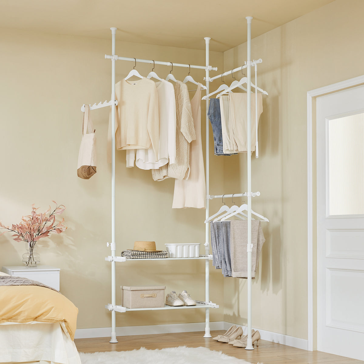 sebuyfr.comG34-II-W Portant à vêtements télescopique robuste – Penderie ouverte réglable avec tringles et étagères, Porte-manteau pour chambre ou dressing, Blanc