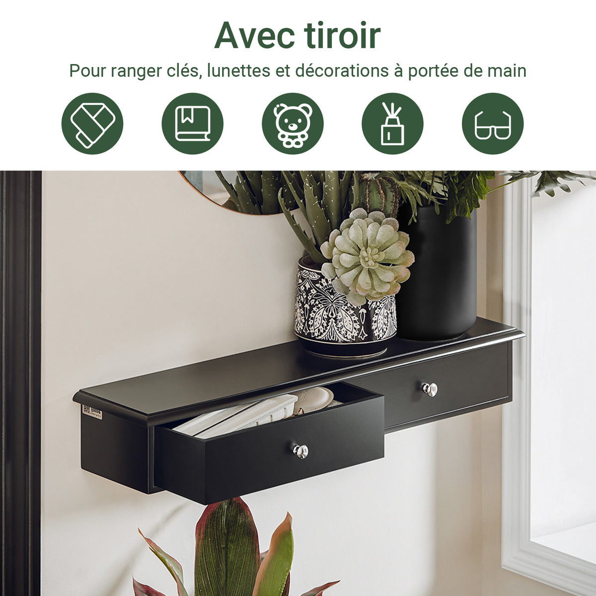 sebuyfr.comG43-SCH Etagere Murale avec 2 Tiroirs - Étagère Flottante Moderne pour Entrée, Salon, Cuisine & Chambre - Noir 64x15x10cm