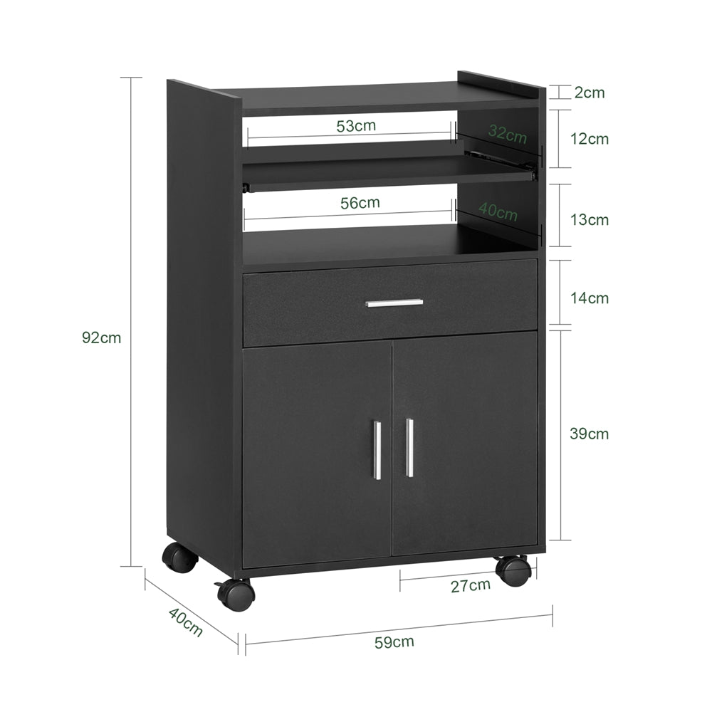 SoBuy FSB09-SCH Chariot de Cuisine sur Roulettes – Plan de Travail Extensible, 2 Étagères, Tiroir, Placard, 59×40×92 cm, Noir