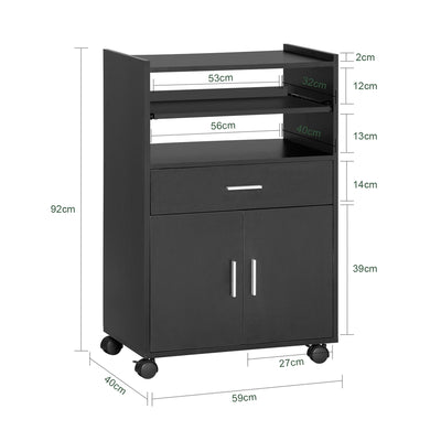SoBuy FSB09-SCH Chariot de Cuisine sur Roulettes – Plan de Travail Extensible, 2 Étagères, Tiroir, Placard, 59×40×92 cm, Noir