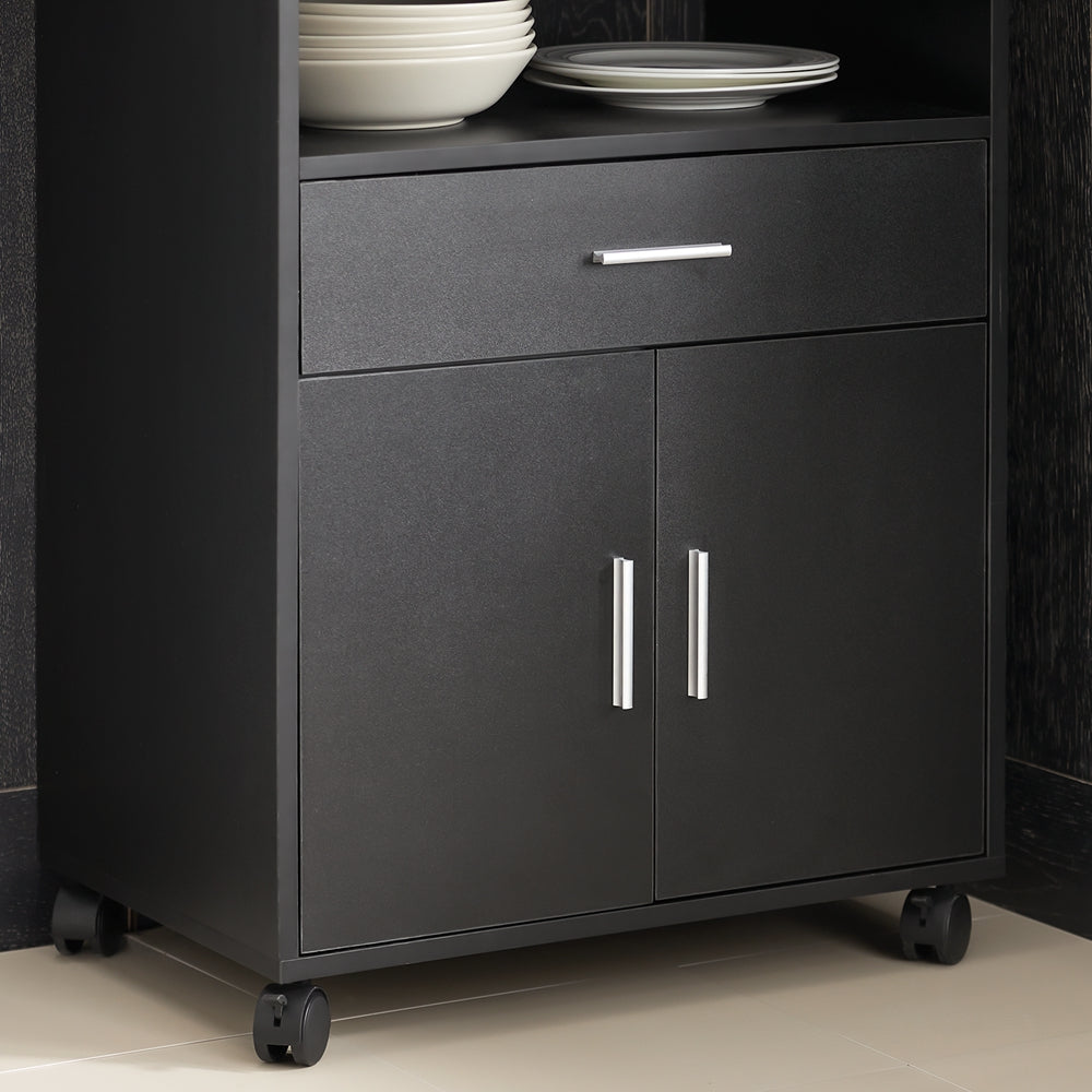 SoBuy FSB09-SCH Chariot de Cuisine sur Roulettes – Plan de Travail Extensible, 2 Étagères, Tiroir, Placard, 59×40×92 cm, Noir