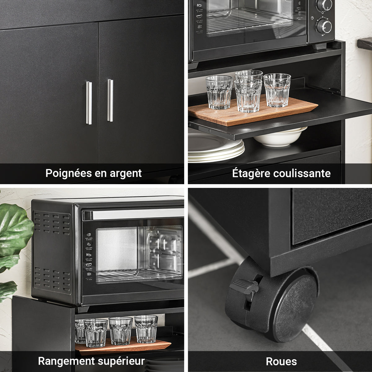 SoBuy FSB09-SCH Chariot de Cuisine sur Roulettes – Plan de Travail Extensible, 2 Étagères, Tiroir, Placard, 59×40×92 cm, Noir