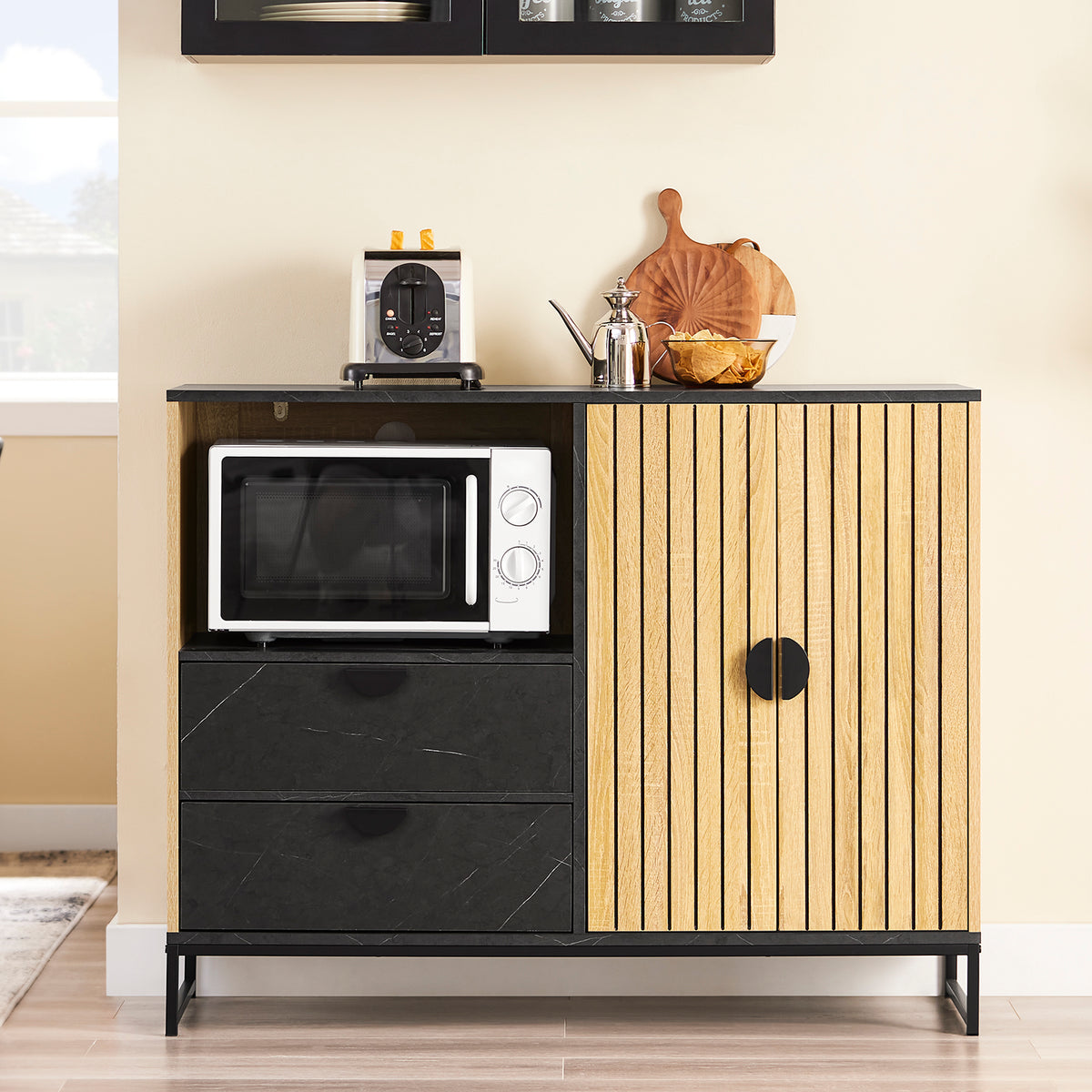 SoBuy FSB103-N Buffet Cuisine avec Niche Micro-Ondes et Étagère Réglable – L107 × P40 × H85 cm, Chêne / Noir