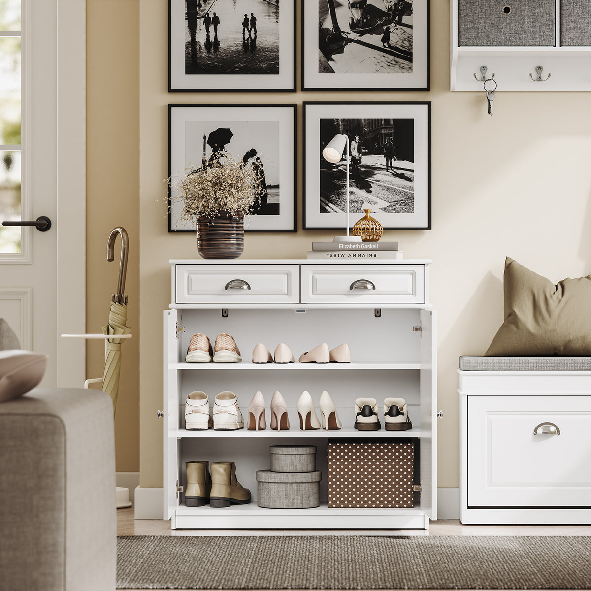 SoBuy FSB104-W Armoire à Chaussures avec Tiroirs et Étagères Réglables, Meuble d'Entrée – 80x35x82 cm, Blanc