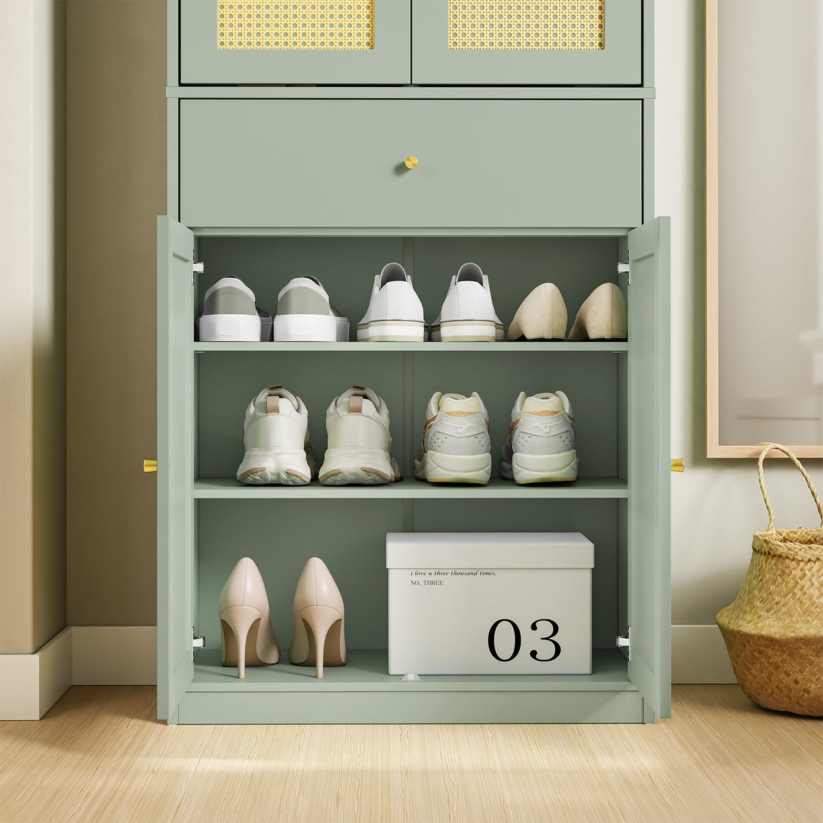 SoBuy FSB107-GR Armoire à Chaussures en Cannage avec Penderie Intégrée – 1 Tiroir, Meuble d'Entrée – 70×34×180 cm, Vert