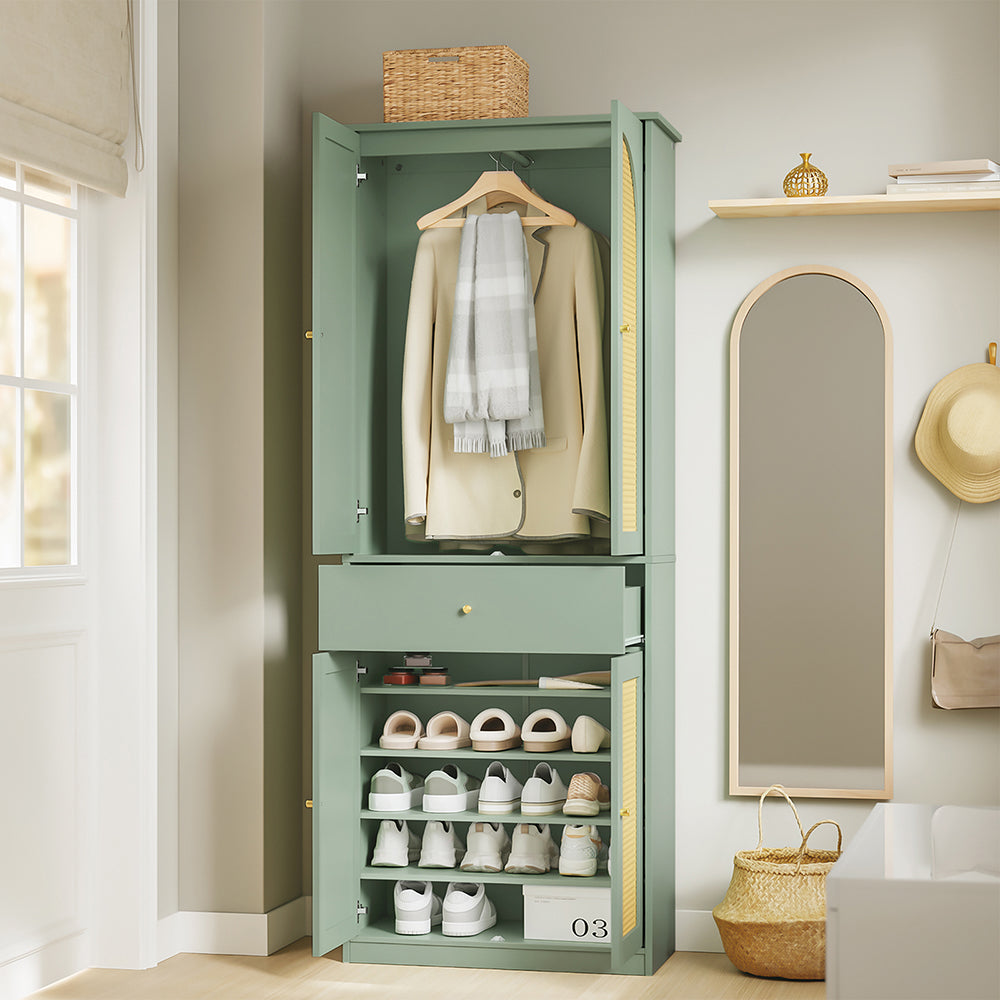 SoBuy FSB107-GR Armoire à Chaussures en Cannage avec Penderie Intégrée – 1 Tiroir, Meuble d'Entrée – 70×34×180 cm, Vert