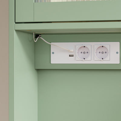 SoBuy FSB108-E-GR Buffet de Cuisine avec Éclairage LED et Prises USB – 4 Portes Vitrées, 2 Tiroirs, 6 Étagères – 80×38×180 cm, Vert Sauge