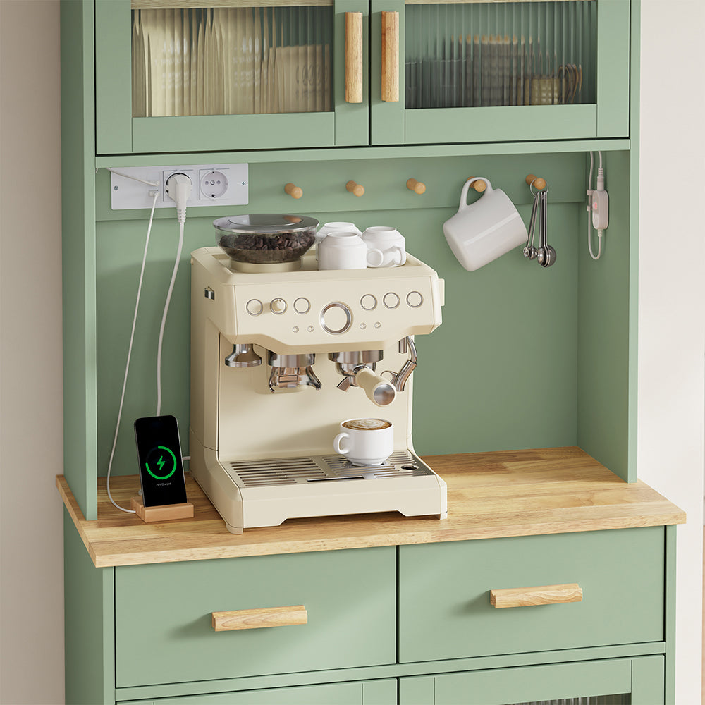 SoBuy FSB108-E-GR Buffet de Cuisine avec Éclairage LED et Prises USB – 4 Portes Vitrées, 2 Tiroirs, 6 Étagères – 80×38×180 cm, Vert Sauge