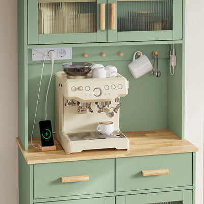 SoBuy FSB108-E-GR Buffet de Cuisine avec Éclairage LED et Prises USB – 4 Portes Vitrées, 2 Tiroirs, 6 Étagères – 80×38×180 cm, Vert Sauge