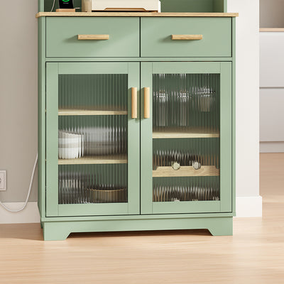SoBuy FSB108-E-GR Buffet de Cuisine avec Éclairage LED et Prises USB – 4 Portes Vitrées, 2 Tiroirs, 6 Étagères – 80×38×180 cm, Vert Sauge