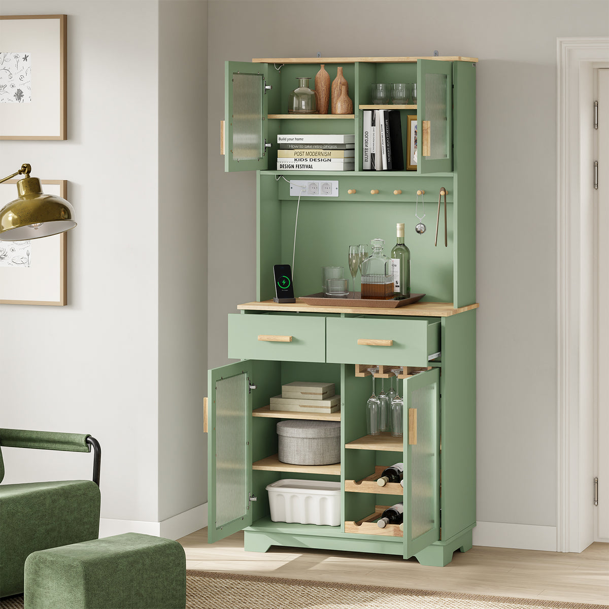 SoBuy FSB108-E-GR Buffet de Cuisine avec Éclairage LED et Prises USB – 4 Portes Vitrées, 2 Tiroirs, 6 Étagères – 80×38×180 cm, Vert Sauge
